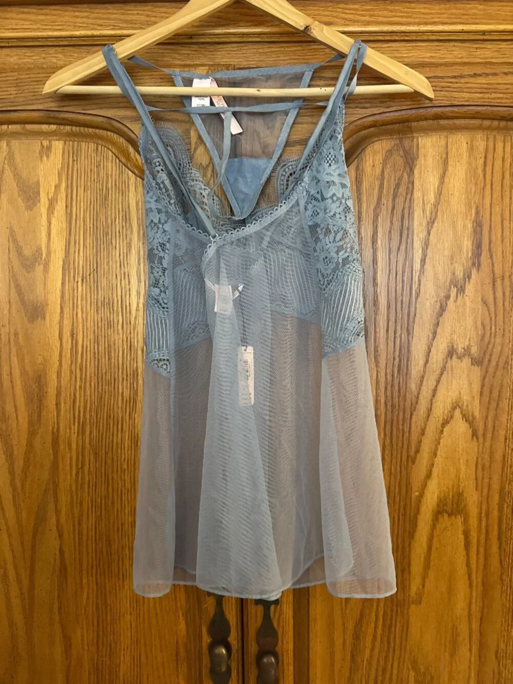 Victoria's Secret Sheer Lace Chemise and Thong Set in Dusty Blue